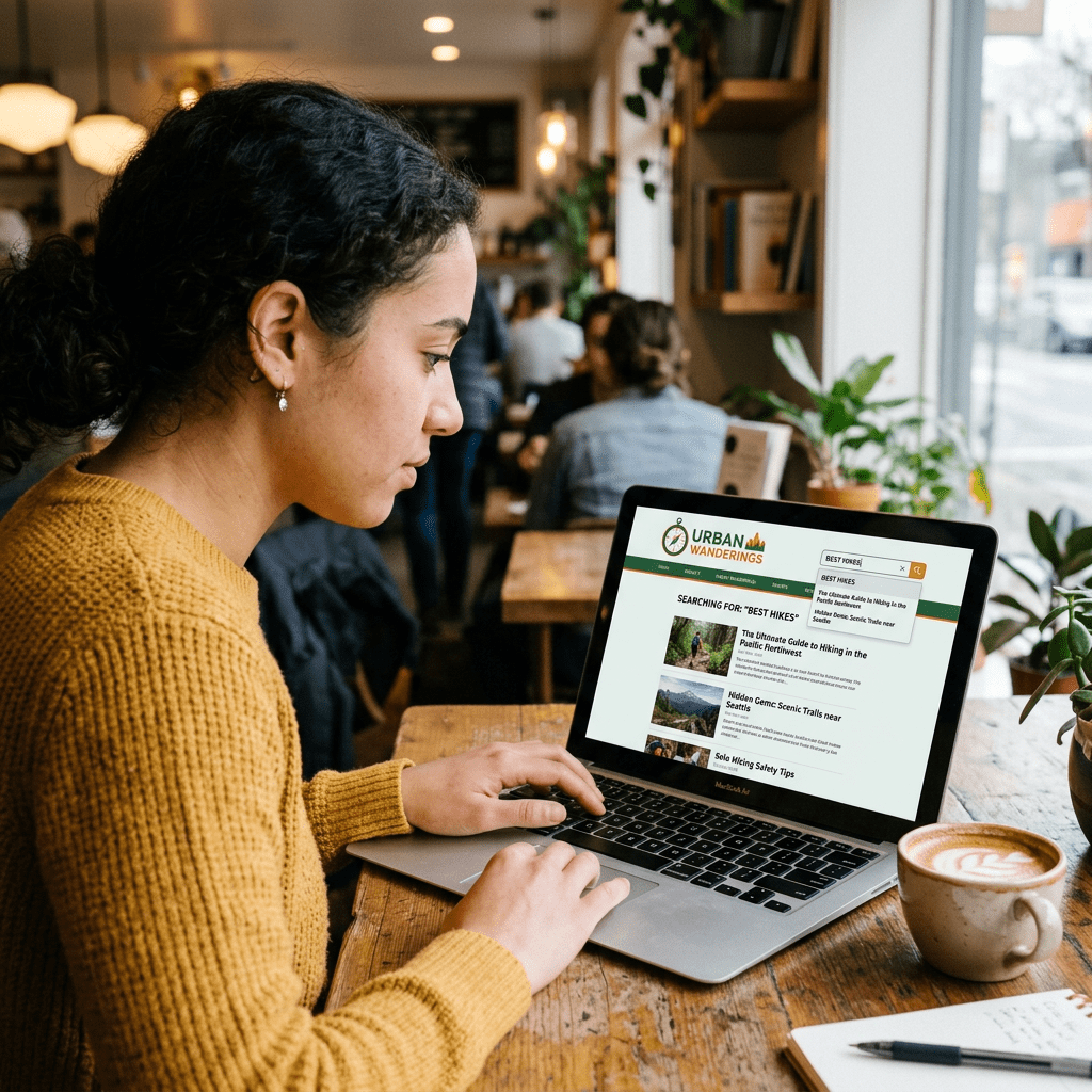 Person using laptop showing Urban Wanderings search results for “BEST HIKES,” including Pacific Northwest, Seattle, and solo hiking articles
